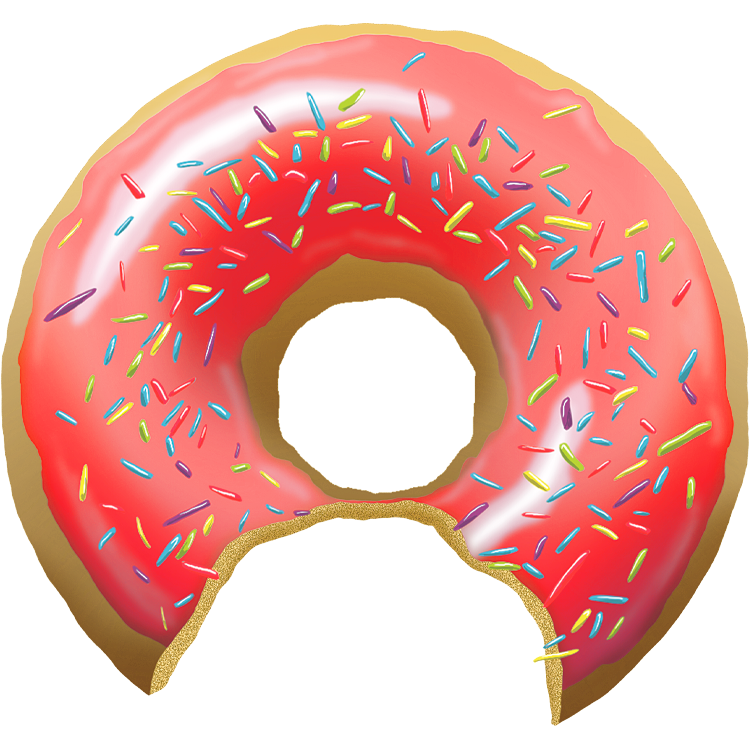 Digitale Illustration eines angebissenen Donuts mit rosa Glasur und bunten Streuseln auf schwarzem Hintergrund für den Kreativblog Schwarzwald.