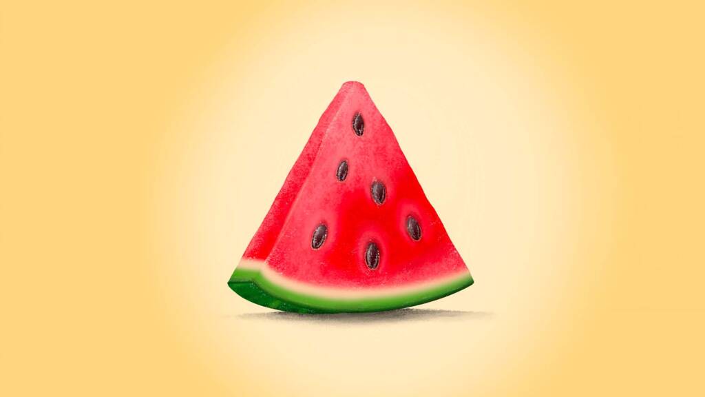 Digitales Zeichnen einer Wassermelonenscheibe, leuchtend rot-grün auf gelbem Hintergrund