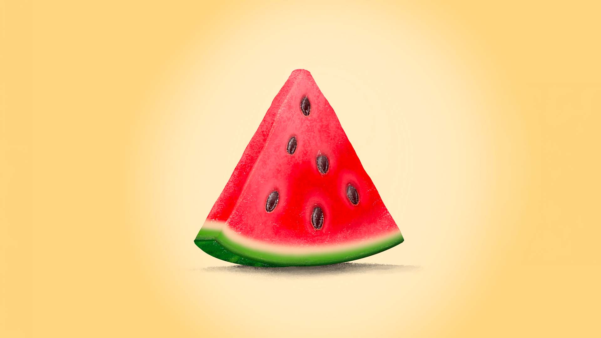 Digitales Zeichnen einer Wassermelonenscheibe, leuchtend rot-grün auf gelbem Hintergrund