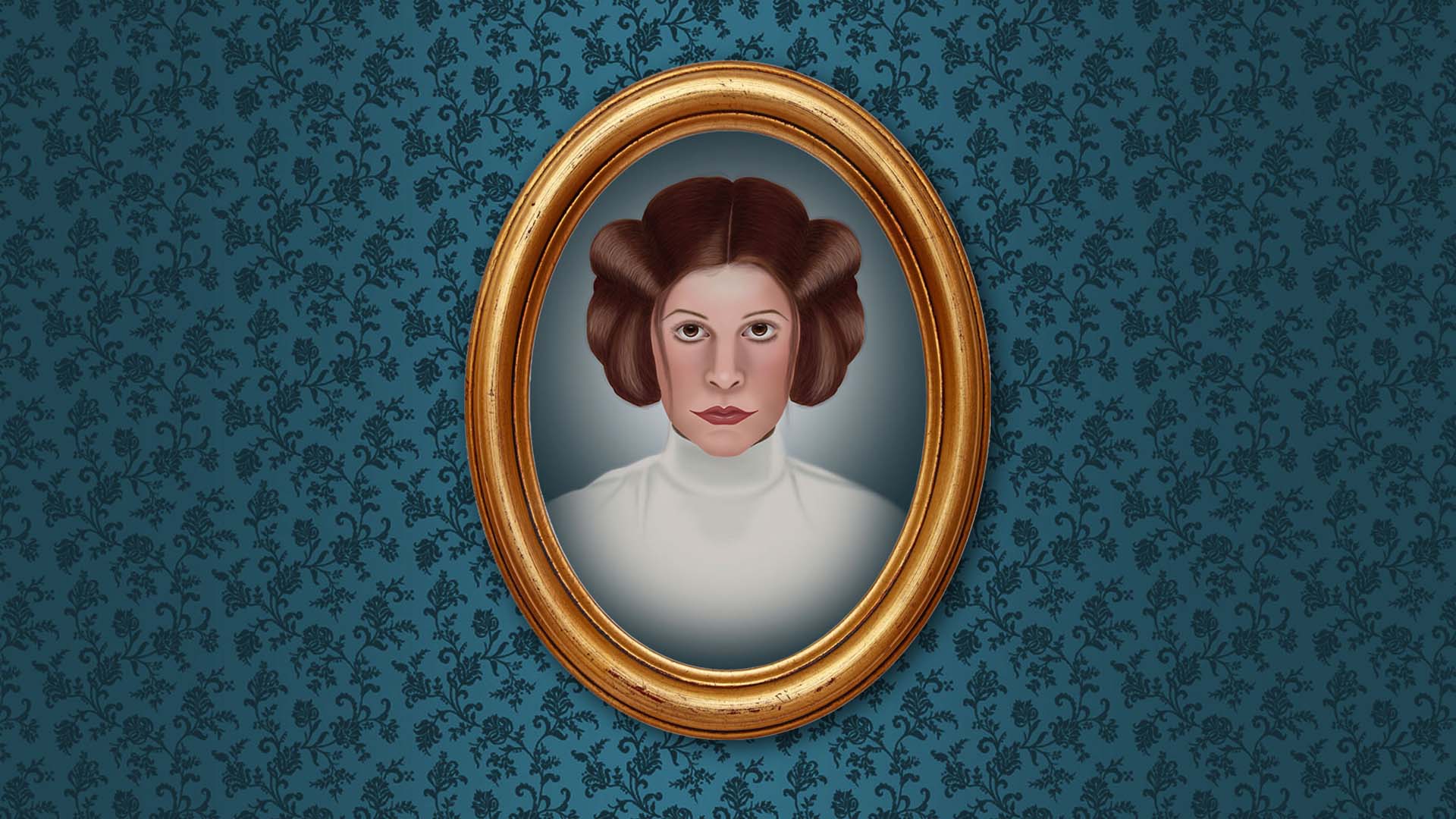 Illustriertes Porträt einer Frau (Leia Organa) mit rotbraunen Locken in goldenem Oval-Rahmen vor petrolfarbenem Ornament-Hintergrund